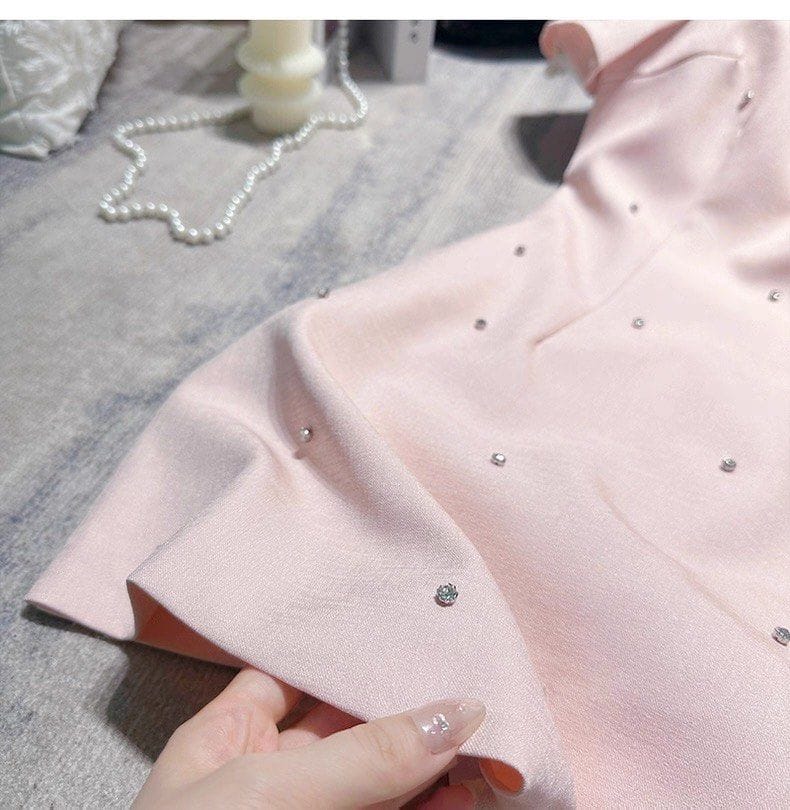 Fanyfloss French Slimming Party Short Dress Elegant Pearl-Accented Pink Mini Dress - Photo 9