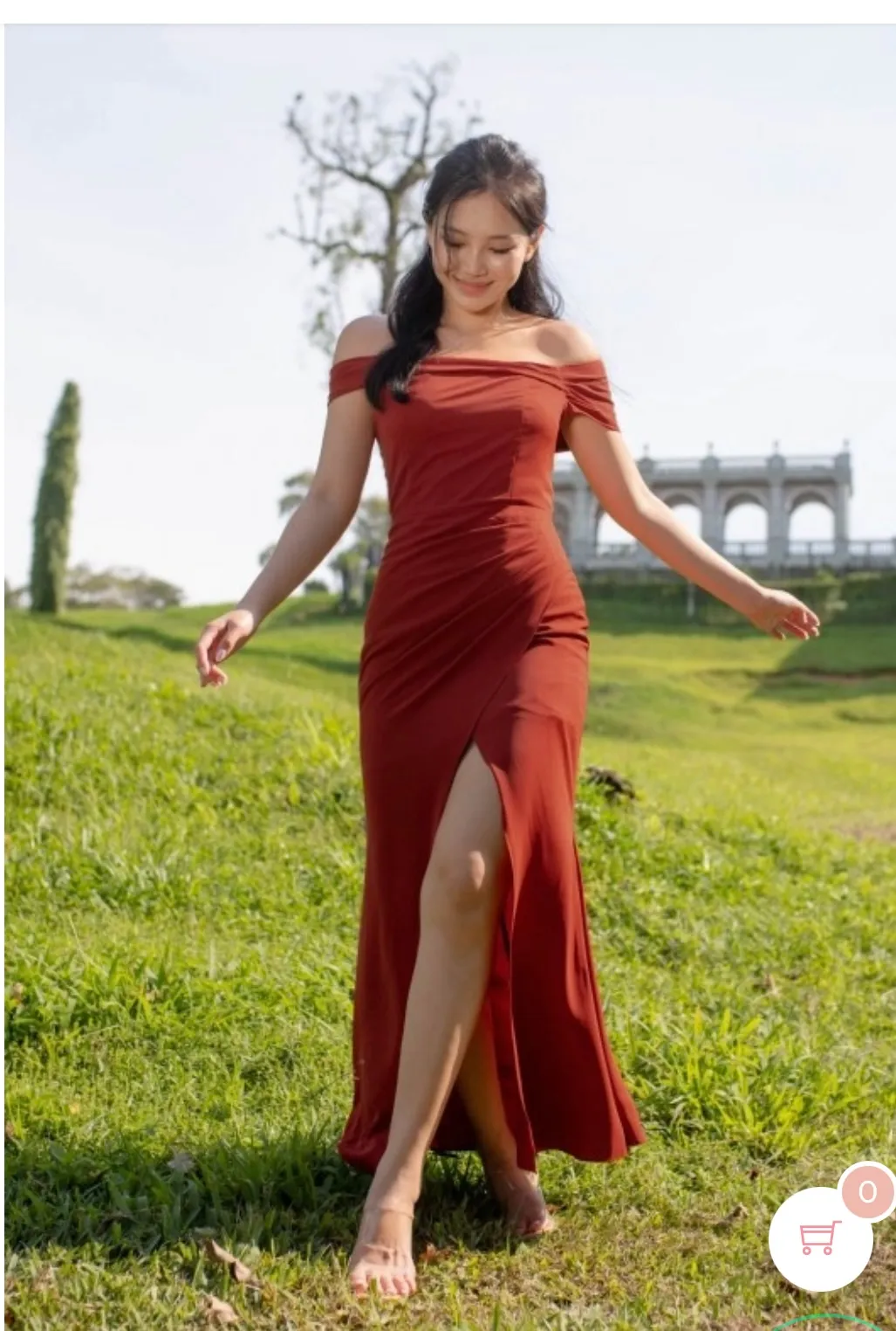 Elegant Rust Off-Shoulder Gown