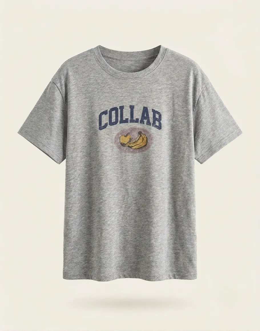 NA Heather Grey Short Sleeve Korean Lightweight Oversized Vintage Fruit Print Graphic Crewneck Round Neck T-Shirt Shirt Top - Photo 3