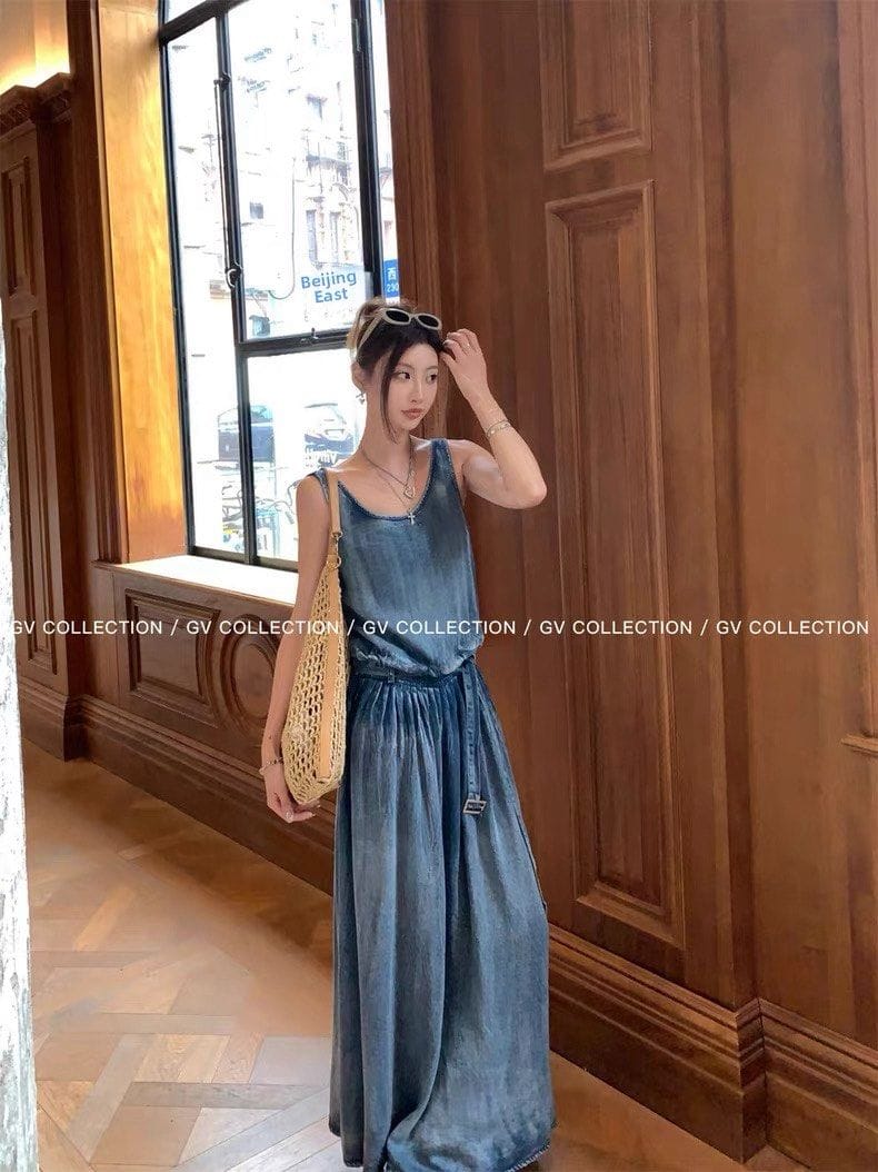GV Collection Tencel Denim Cotton Belted Vest Dress Ruched A-Line Long Skirt for Women