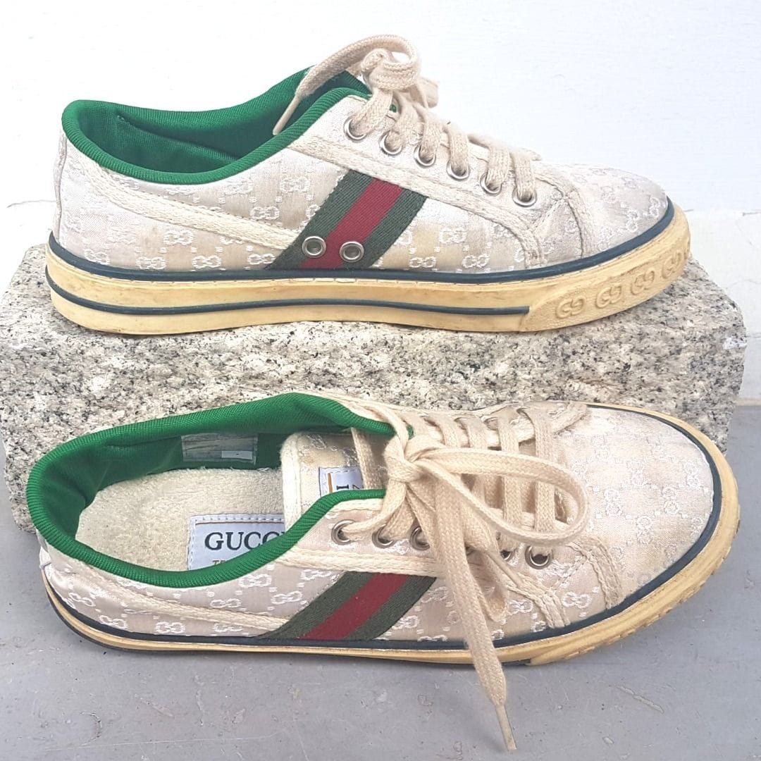 Luxury GUCCI Tennis 1977 Sneakers, made in ITALY, Size 37, Cool GUCCI Monogram, Retro Off-White Low-Cut Shoes, GUCCI Red & Dark Green Colors - Photo 8