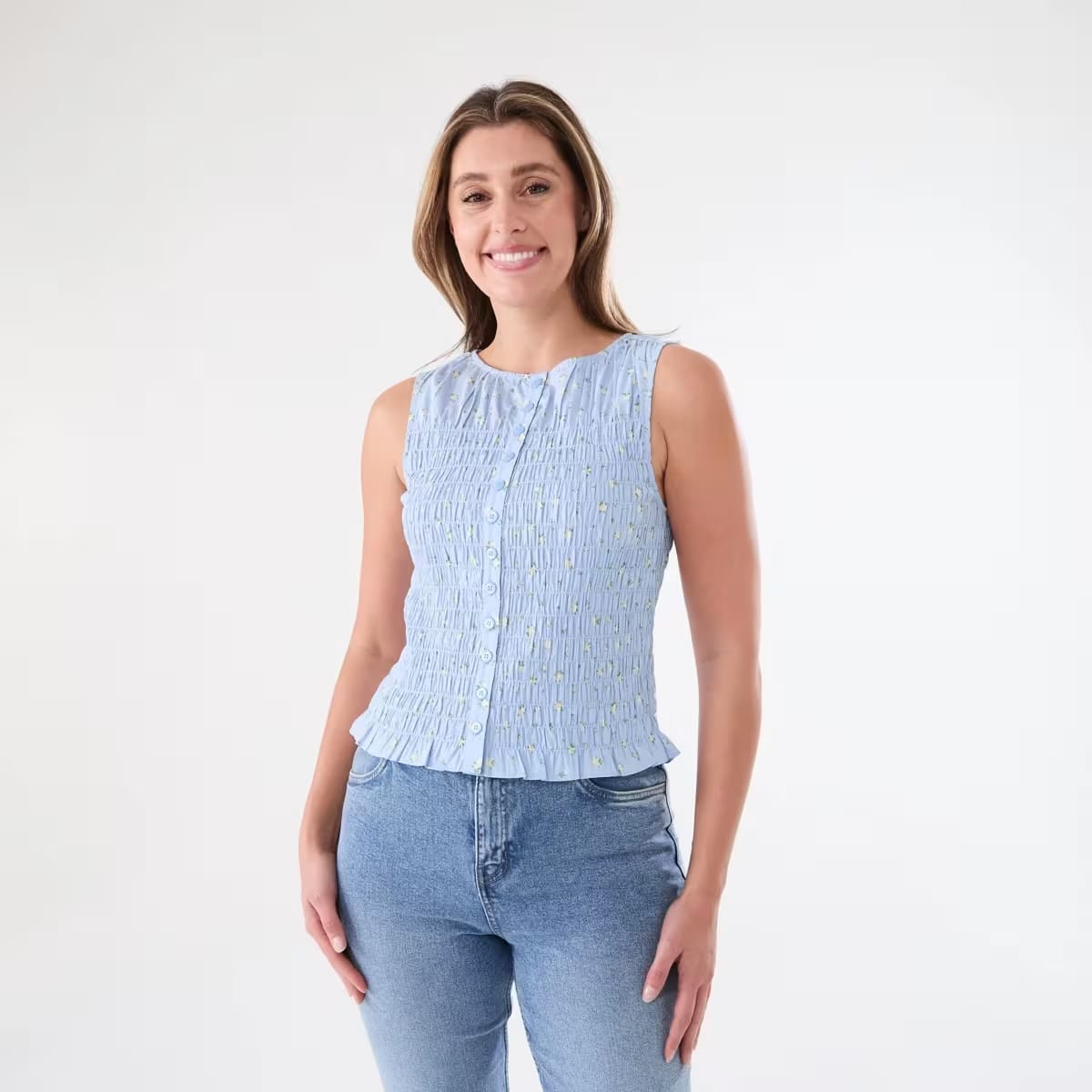 Cotton Shirred Button Down Top