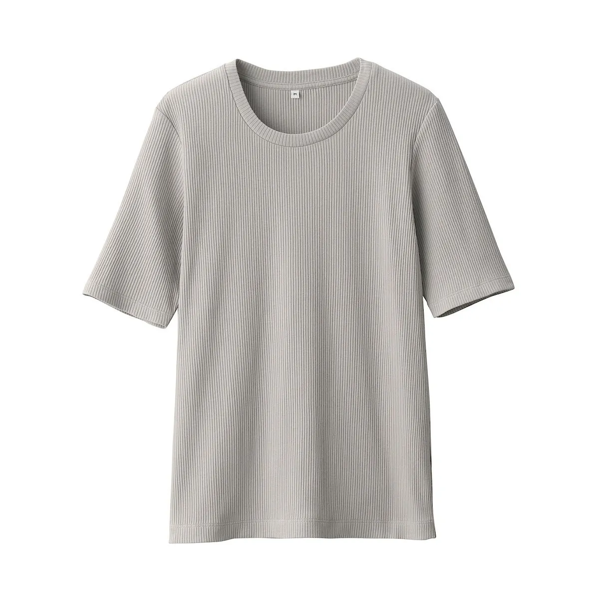 Muji Muji Female Grey Stretch Ribbed Half Sleeve Round Crew Neck Cotton T-shirt Shirt Top - Photo 6