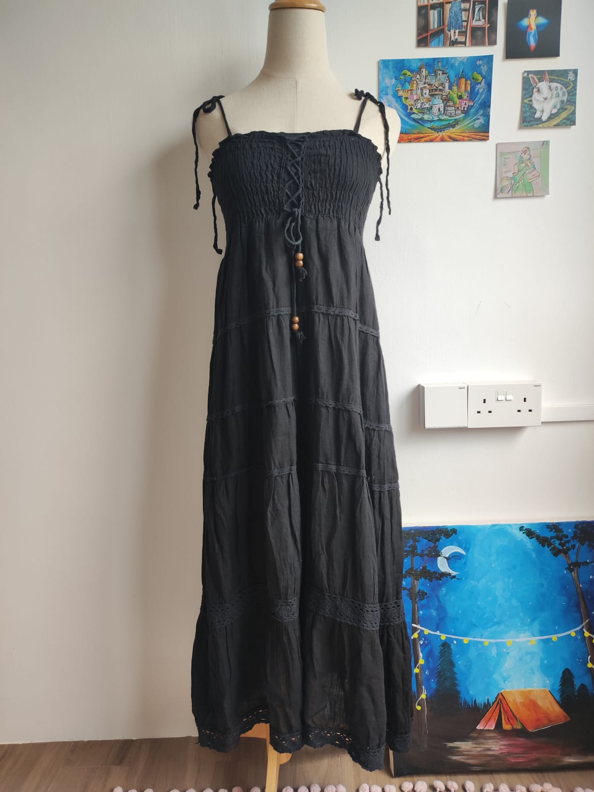 Black Tiered Cotton Maxi Summer Cottagecore Dress 