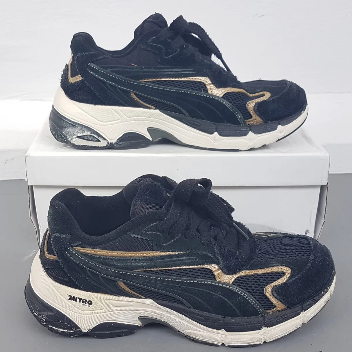 Puma Original PUMA TEVERIS NITRO Metallic Sneakers, Cool Suede Model, Black & Gold Running Shoes, US 4, UK 3, EUR 35.5, CM 22Cosmopolitan, Timeless Appeal, Sleek Design, Sophistication, Streetwise, Pop Culture, Roadster, Cult Street Fashion, Urban Style - Photo 9