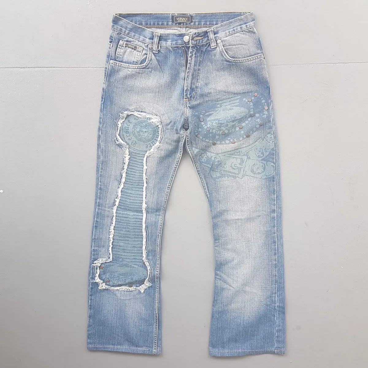 Versace Retro VERSACE Couture Denim Jeans, Made in ITALY, Haute Couture, Exquisite Patchwork, Medusa Logo, Bootcut Jeans, Gianni Versace Flare Bottoms, Luxury Living, ITALIAN Designer Wear, Distressed Look, Nostalgic, Vintage Pants, Timeless Classic