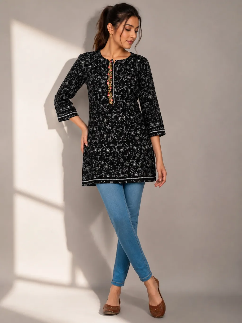 Black Cotton Printed Kurti with Embroidered Neck – Plus Size 46 & 48