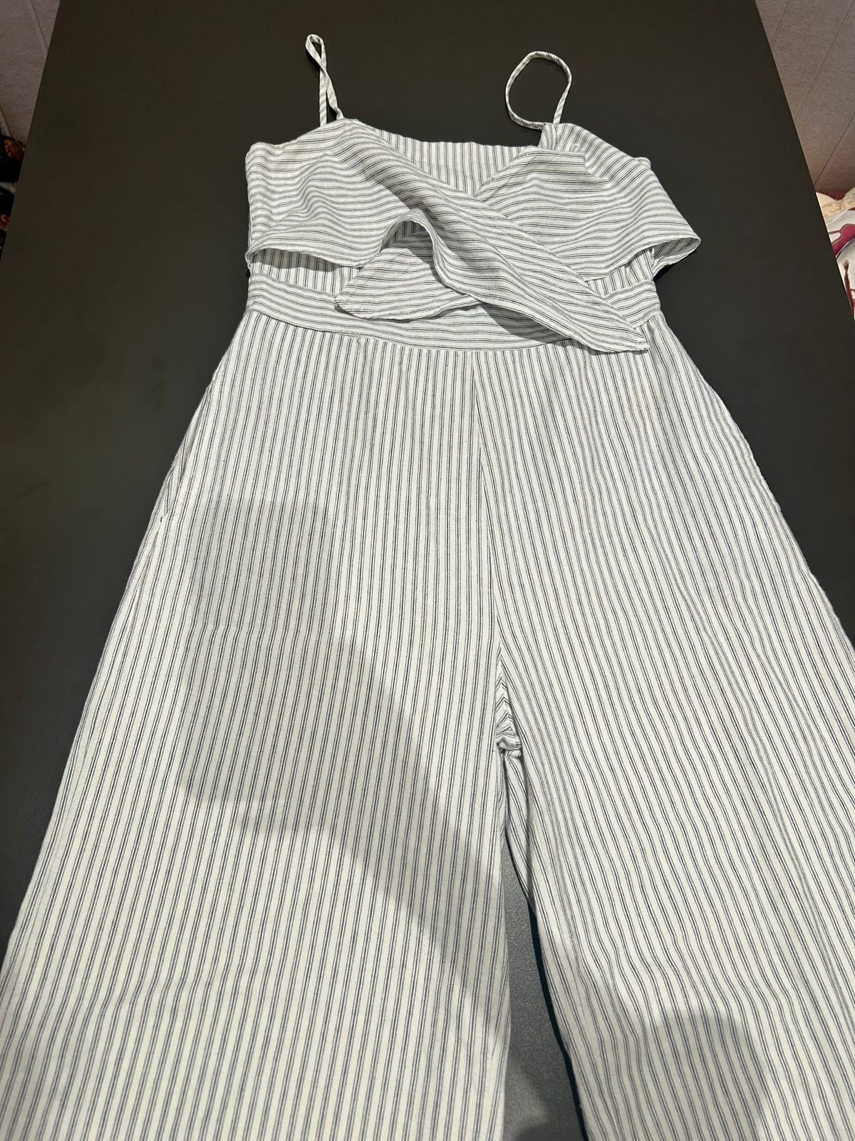 Striped White and Blue Jumpsuit with Cutout Detail