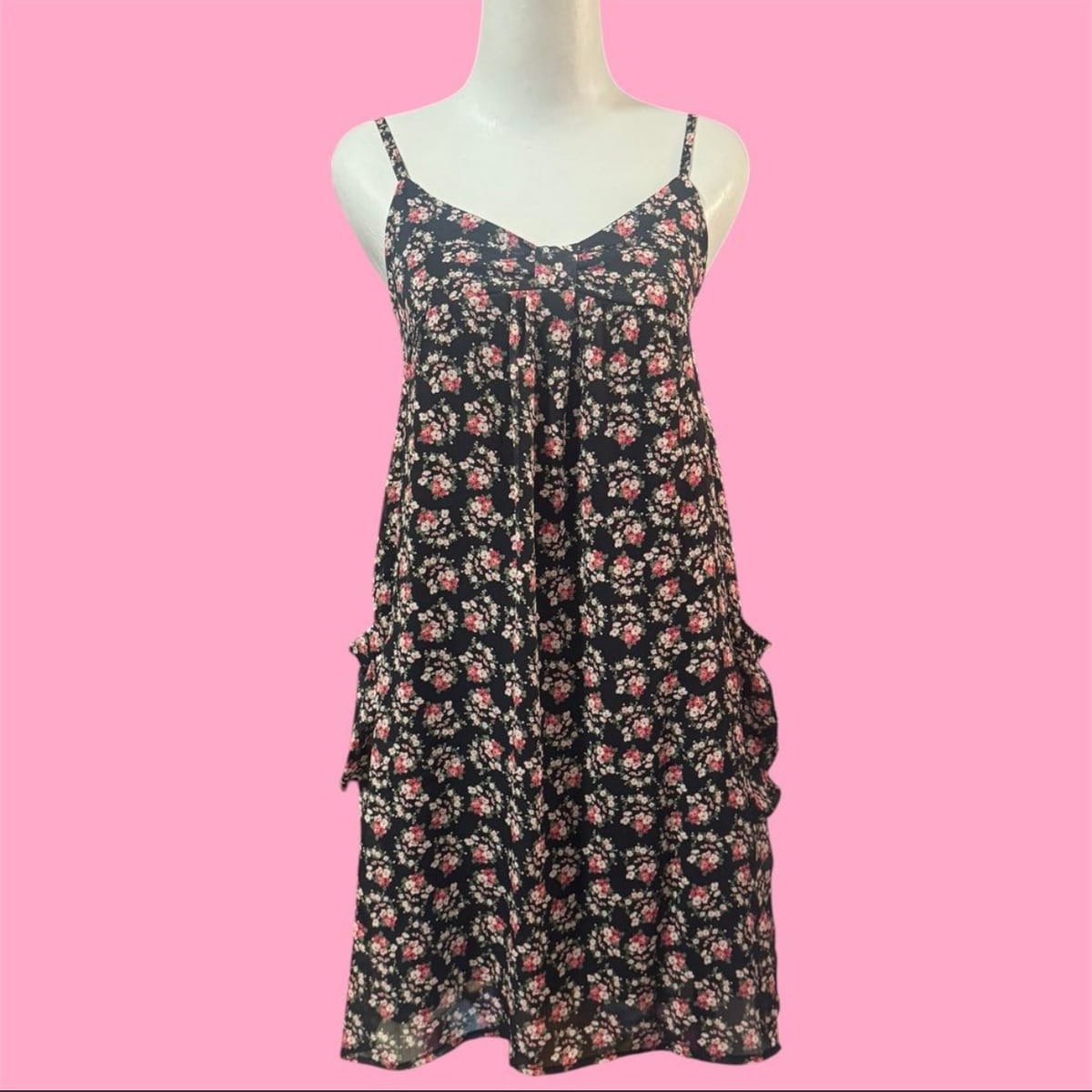 Cinema club Black Floral Babydoll Chiffon Dress w/ Pockets