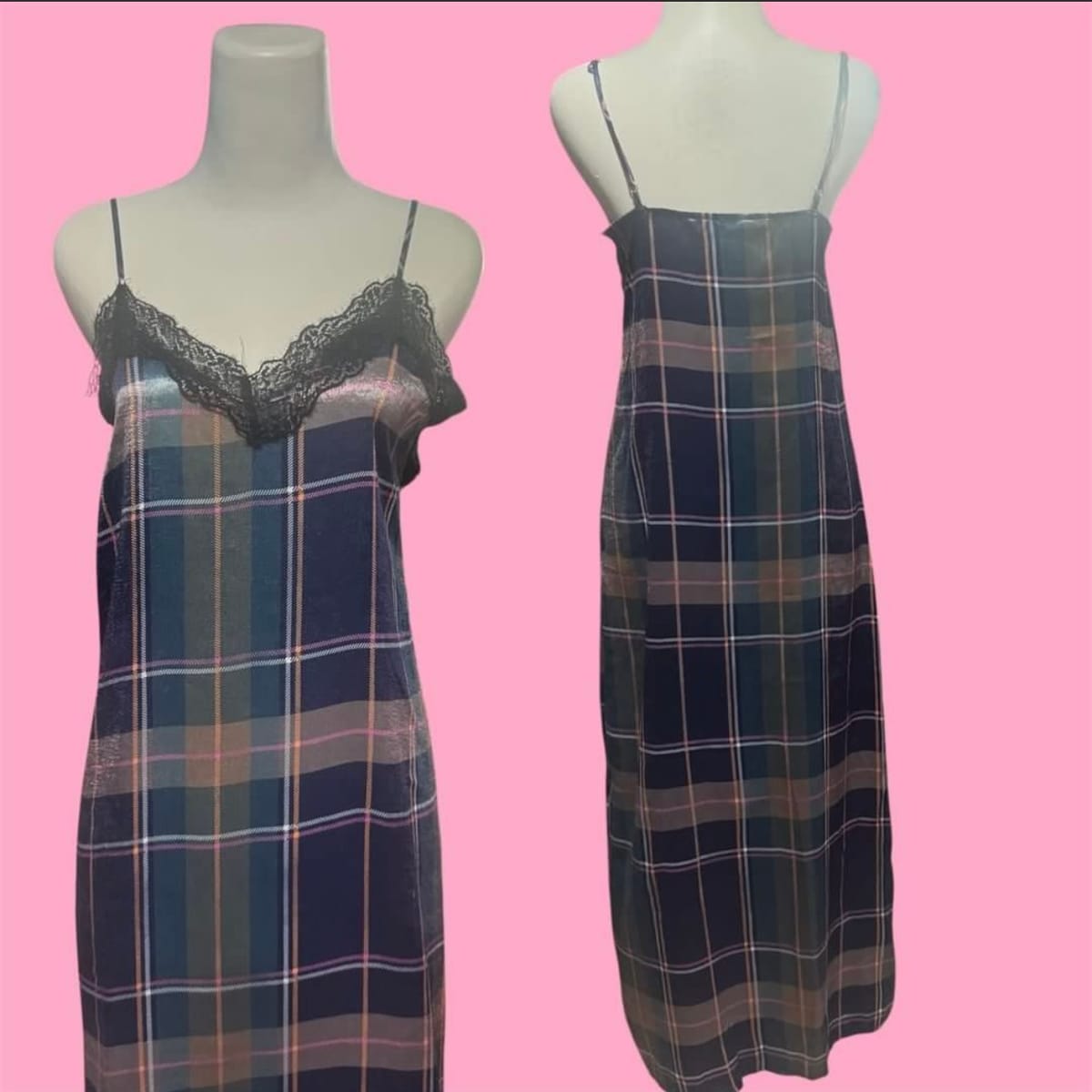 Primark Grunge Vibe Plaid Satin Maxi Dress w/ Lace Trim 😍 - Photo 2