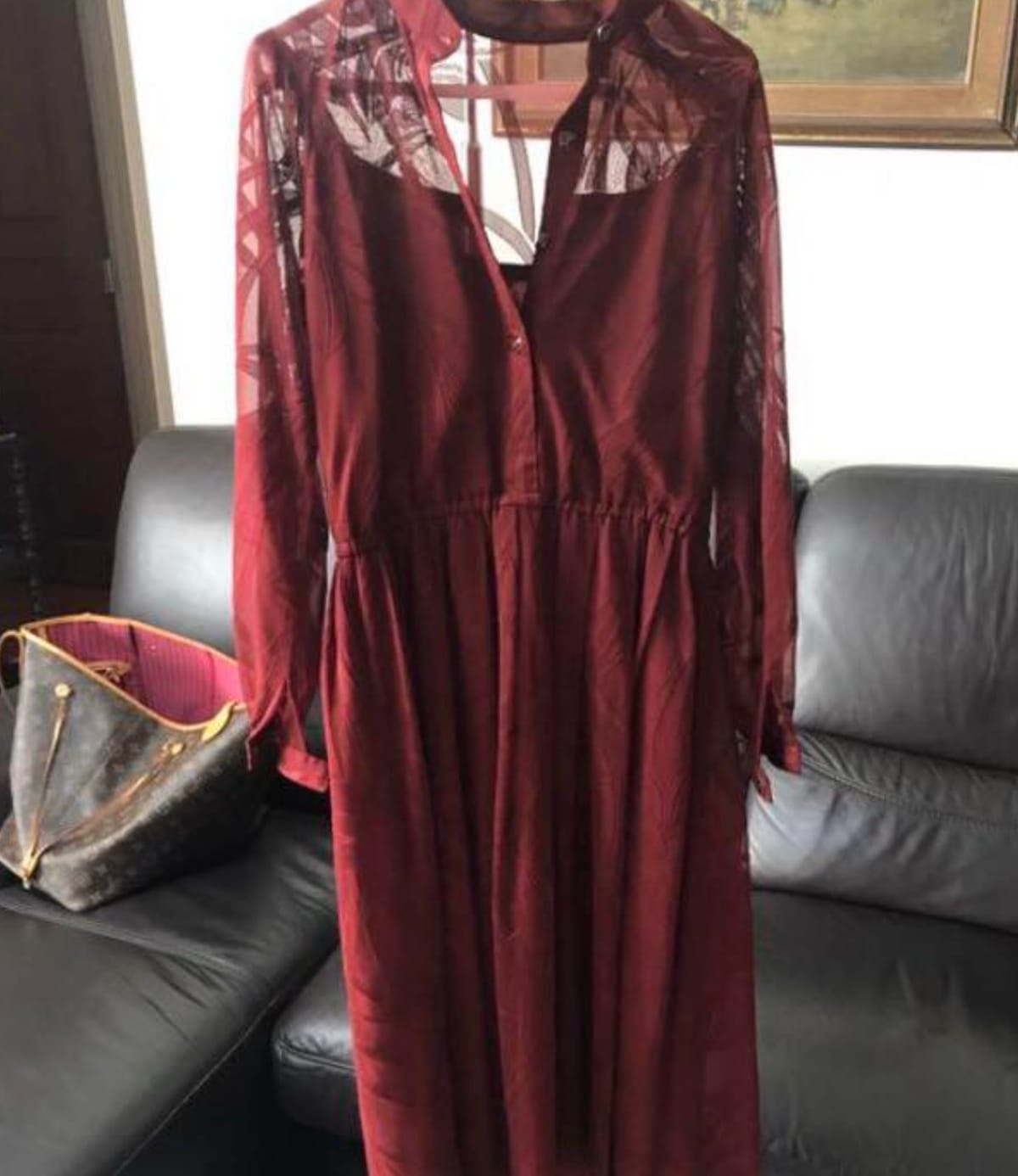 Chic Sheer Detail Maroon Dress