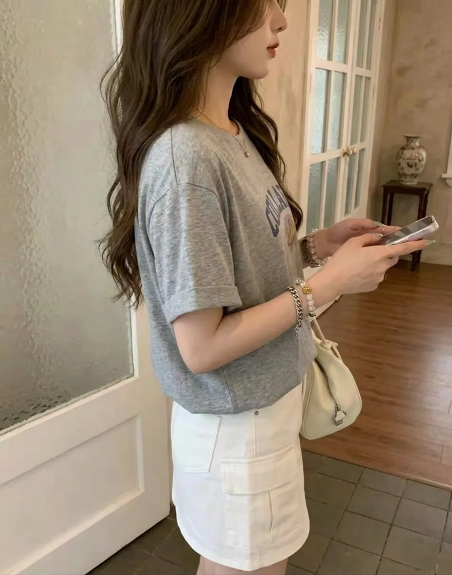 NA Heather Grey Short Sleeve Korean Lightweight Oversized Vintage Fruit Print Graphic Crewneck Round Neck T-Shirt Shirt Top - Photo 2