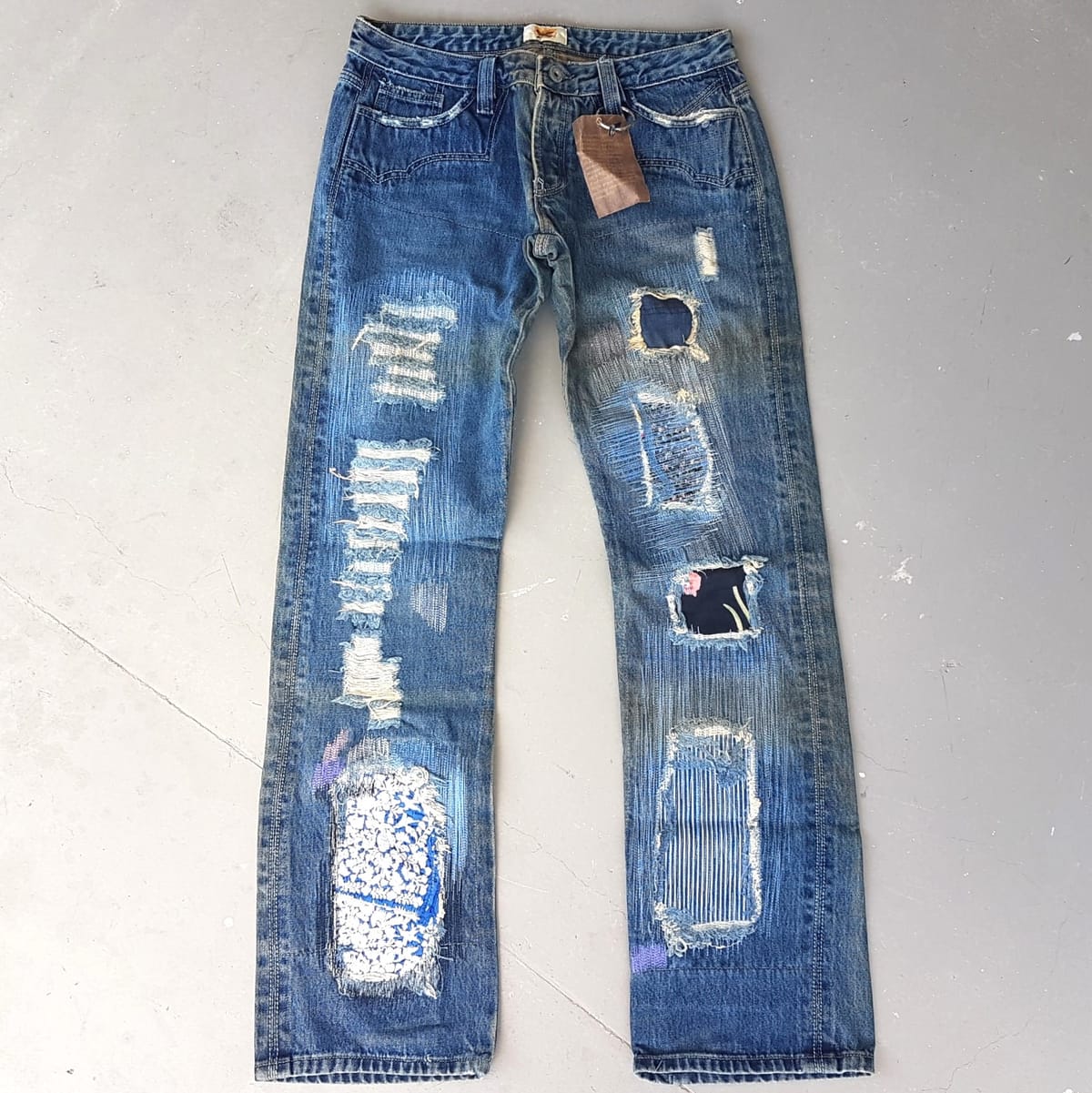ANTIK Vintage ANTIK Denim Jeans, Made in USA, Cool Distressed Patchwork Bottoms, Size 28, Cosmopolitan, Unique Custom Handmade Designer Wear, Sophistication, Nostalgic Appeal, Retro Pants, Timeless Classic, Luxury Living, Pop Culture, Cult Street Fashion