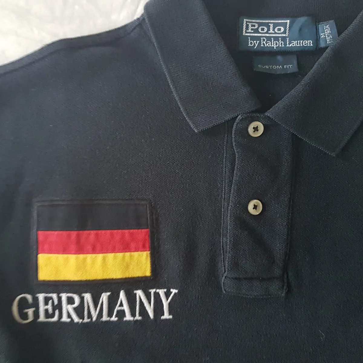 Ralph Lauren Luxury Polo Shirt by Ralph Lauren, Retro GERMANY Flag Number 3 Model, MEDIUM 2 Buttons Top, Black Shirt, Big White RL Polo Logo, Custom Fit, All American, Summer Holidays, Urban Style, Sophistication, Pop Culture, Rock Star, Everyday Fashion - Photo 5