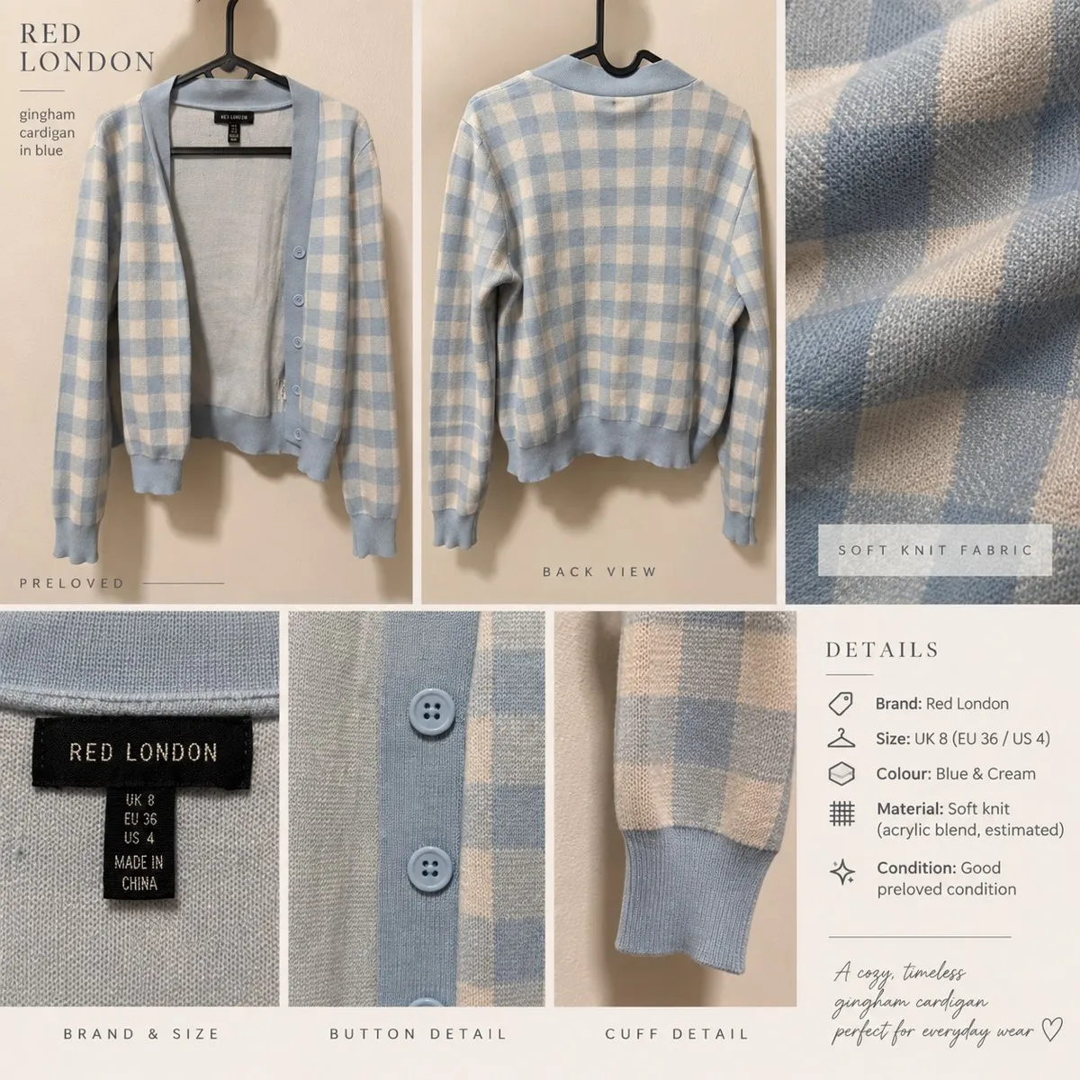 Red London Red London Gingham Cardigan in Blue
