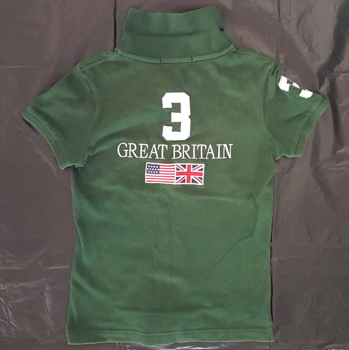 Vintage POLO by Ralph Lauren Designer Apparel, SMALL, Retro GREAT BRITAIN Flag, Green Top, Number 3, Cosmopolitan, Sleek 2 Buttons Polo Shirt, Number 3 on Shoulder Sleeve, Great Britain Flag on Back, Luxury Lifestyle, Timeless Classic - Photo 3