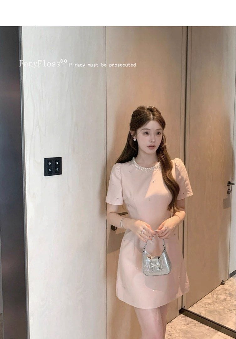 Fanyfloss French Slimming Party Short Dress Elegant Pearl-Accented Pink Mini Dress - Photo 5