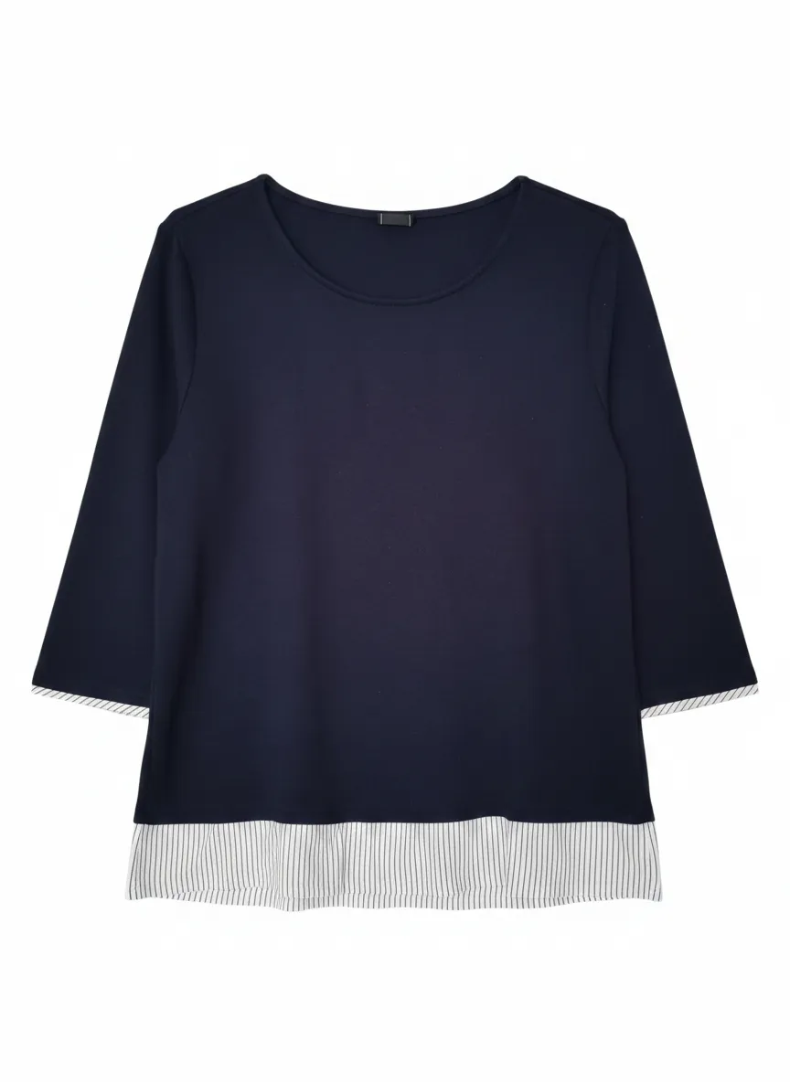 iORA Navy Blue 3/4 Sleeve Smart Casual Formal Office Work Shirt Blouse Top with Striped Hem