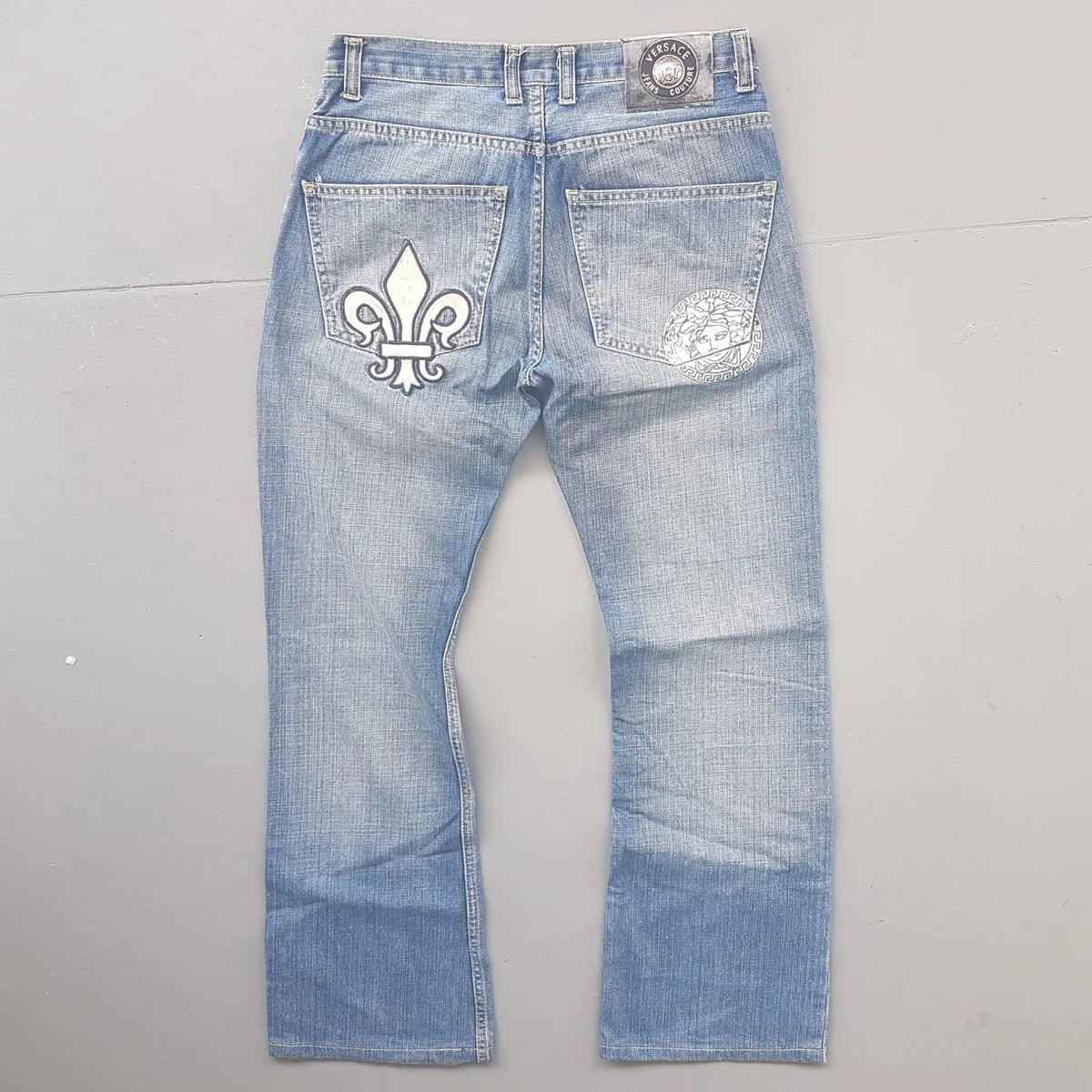 Versace Retro VERSACE Couture Denim Jeans, Made in ITALY, Haute Couture, Exquisite Patchwork, Medusa Logo, Bootcut Jeans, Gianni Versace Flare Bottoms, Luxury Living, ITALIAN Designer Wear, Distressed Look, Nostalgic, Vintage Pants, Timeless Classic - Photo 2