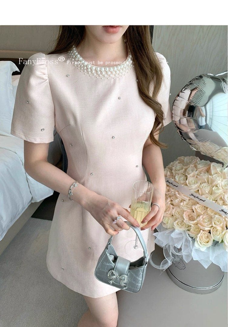 Fanyfloss French Slimming Party Short Dress Elegant Pearl-Accented Pink Mini Dress - Photo 2