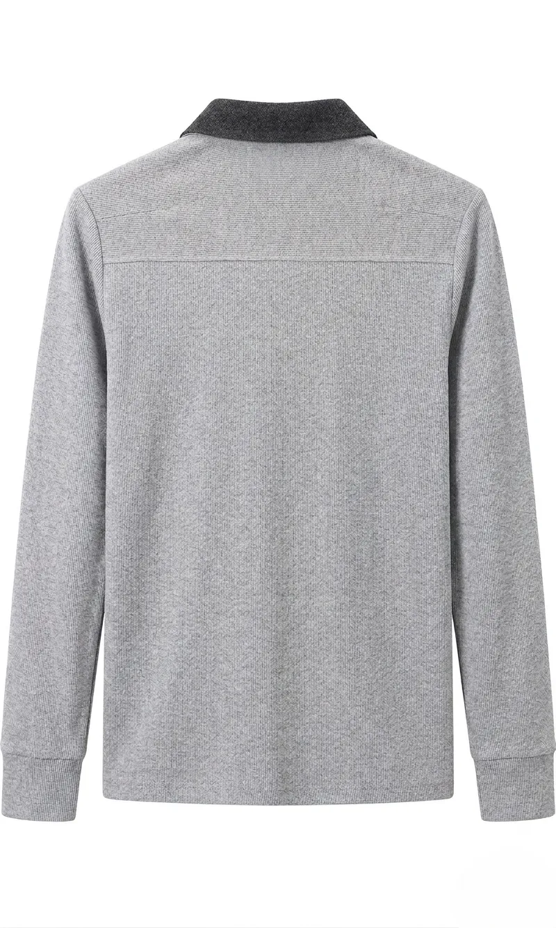 NA Men Thick Warm Cotton Light Grey Long Sleeves Button Collar Polo Shirt Top - Photo 2
