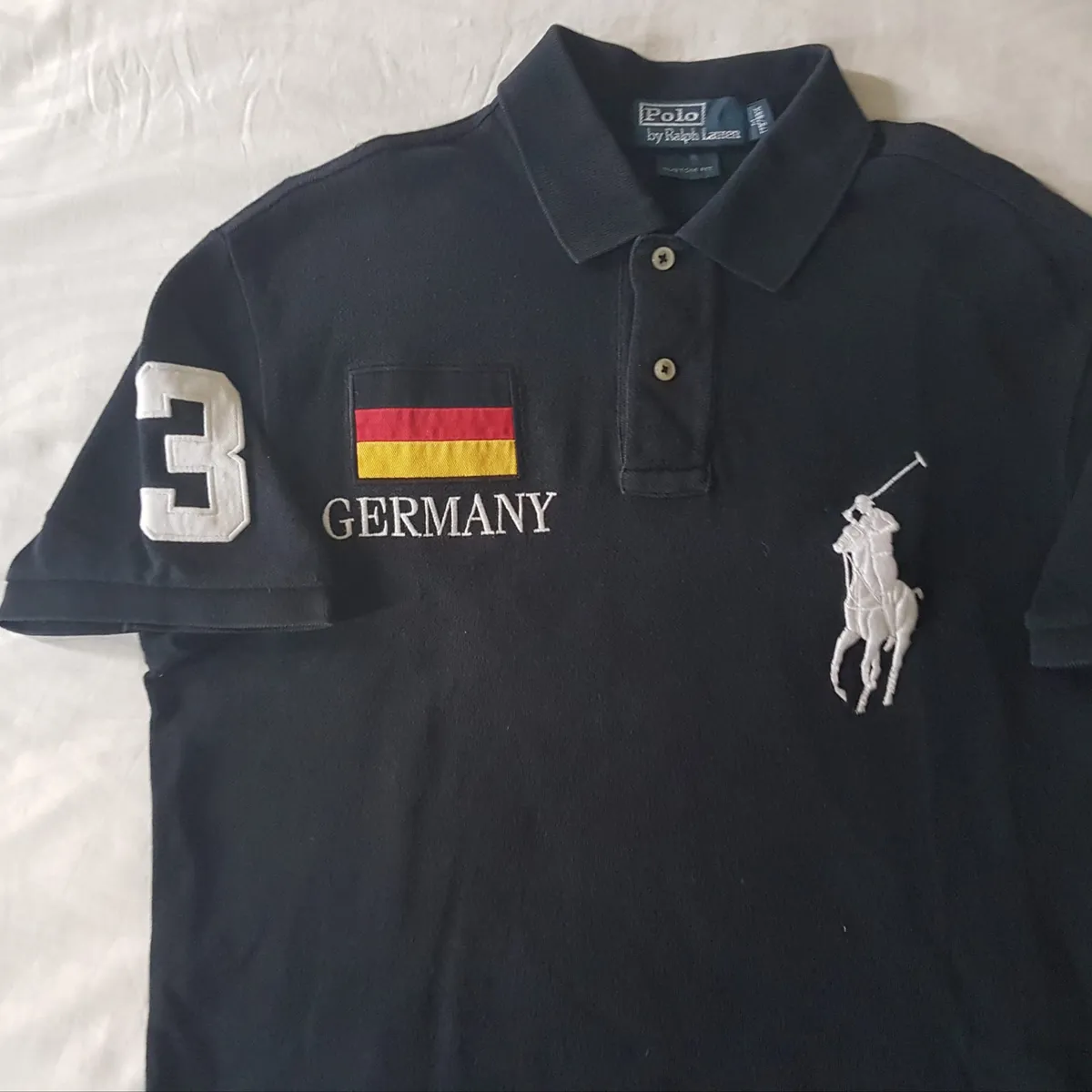 Ralph Lauren Luxury Polo Shirt by Ralph Lauren, Retro GERMANY Flag Number 3 Model, MEDIUM 2 Buttons Top, Black Shirt, Big White RL Polo Logo, Custom Fit, All American, Summer Holidays, Urban Style, Sophistication, Pop Culture, Rock Star, Everyday Fashion - Photo 6