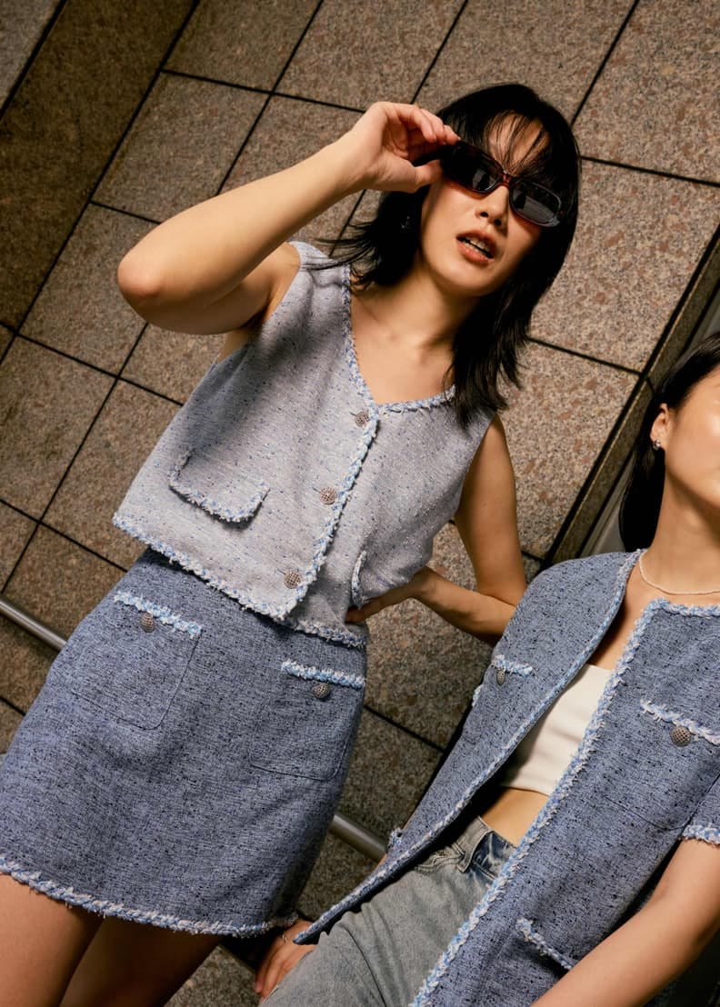 Love Bonito Tweed V Neck Boxy Crop Top