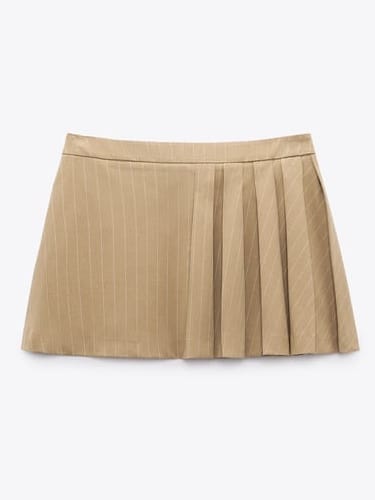 ZARA Light Brown Box Pleat Skirt With Pinstripes (M) - Photo 3