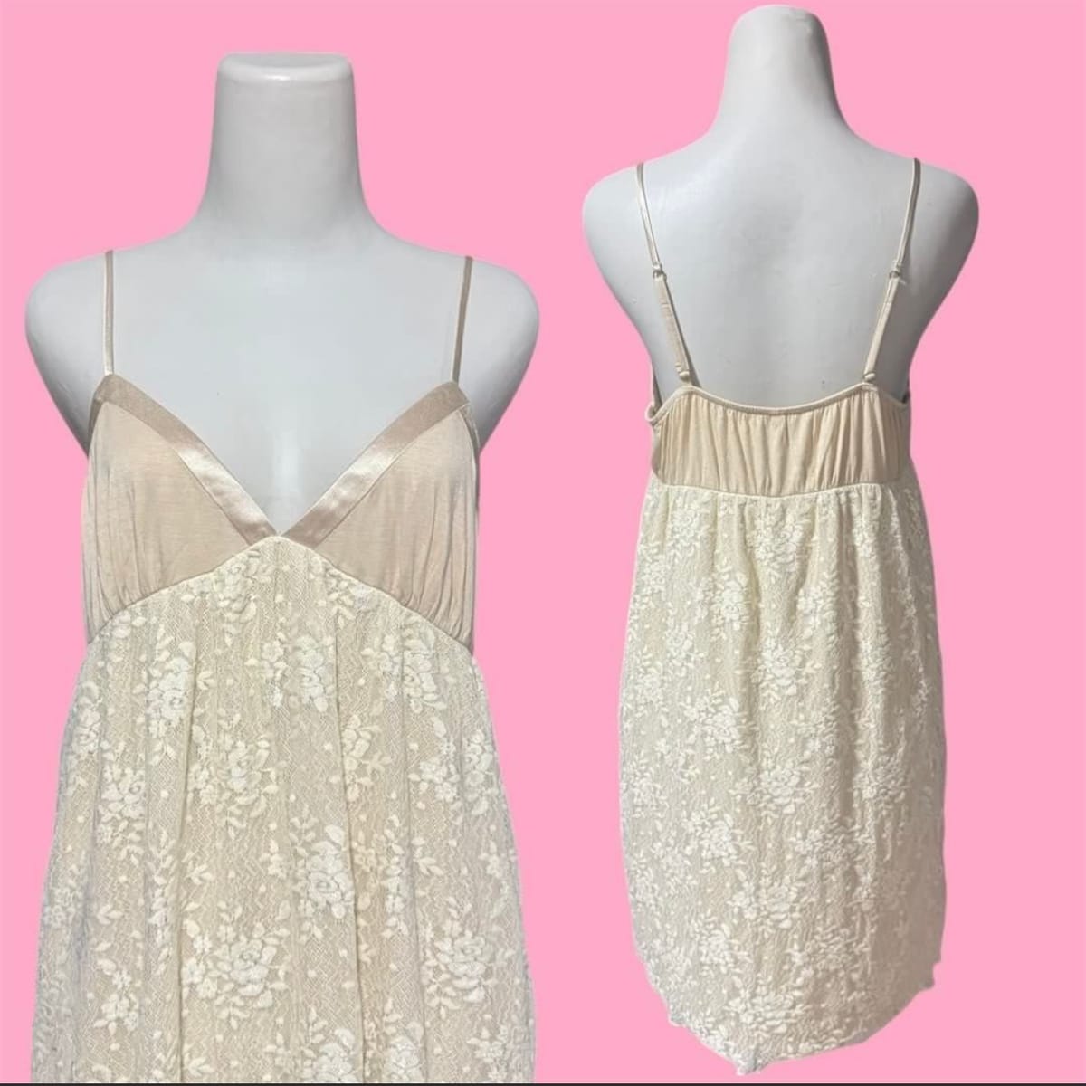Y2K Cream Lace Babydoll Dress w/ Adjustable Straps - Photo 2