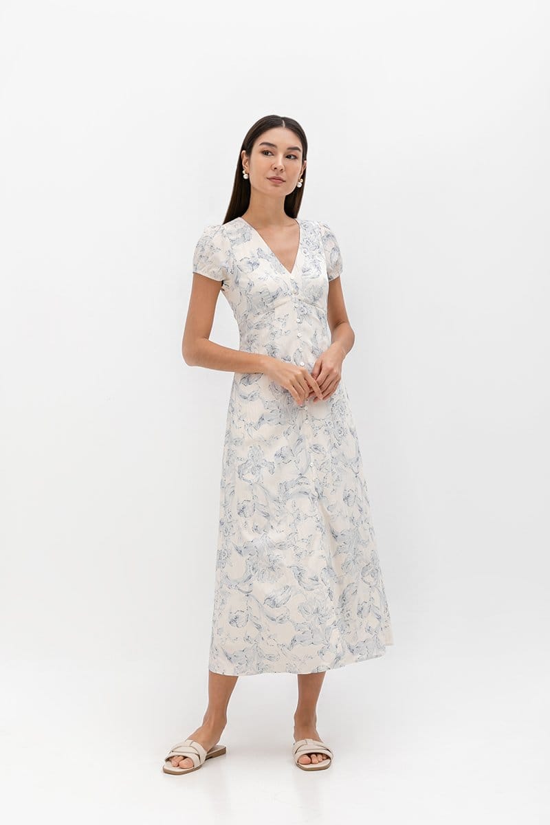 Love and Bravery Leyla Floral Printed Puff Sleeve Midi Dress