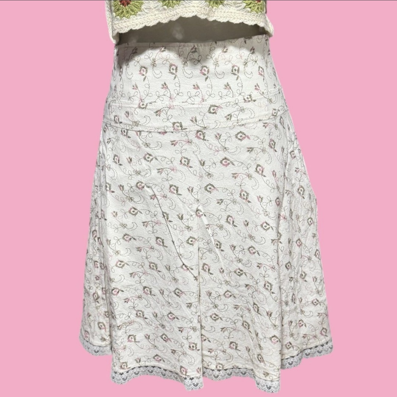 Coquette shoujo floral lace trim midi skirt