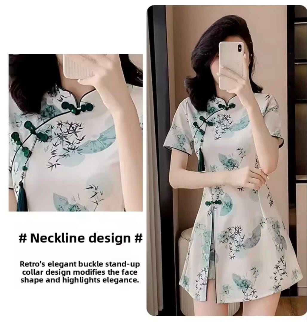 Young Women's Fashionable Chinese Style Reformed Qipao Set Short Skirt And Shorts Two-Piece Light And Breathable Summer Outfit - Photo 4