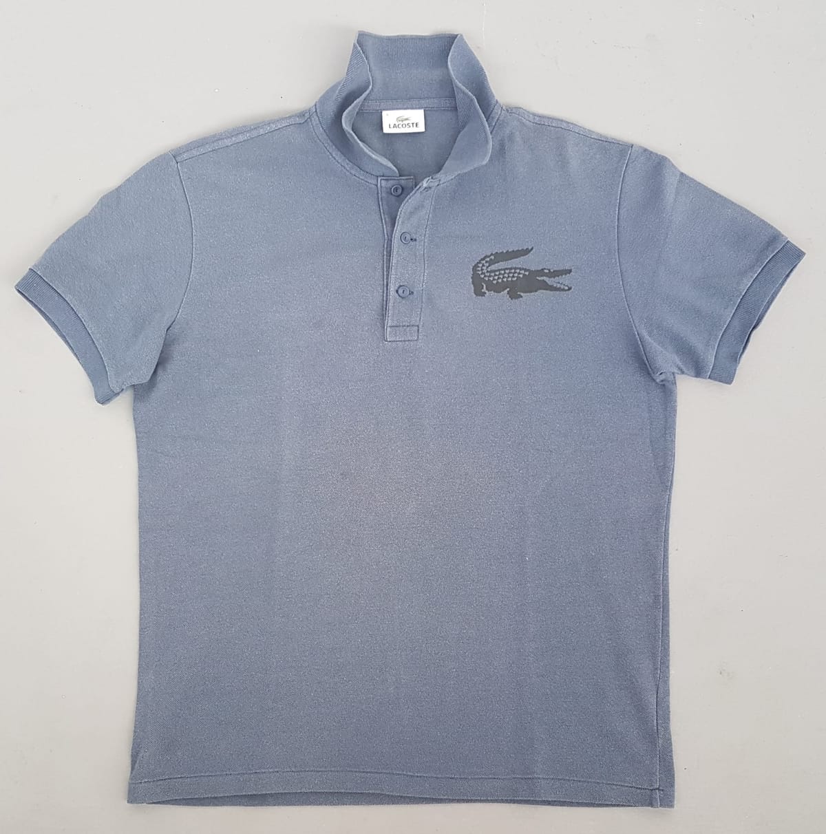 Luxury LACOSTE Polo Shirt, Paris, Oversize Lacoste Logo, Versatile Gray Top, Classic 3 Buttons Size 4 Shirt, Cool FRENCH Design, Cosmopolitan, Urban Style, Sophistication, Timeless Appeal, Pop Culture, Summer Holidays, Resort Living, Cult Street Fashion