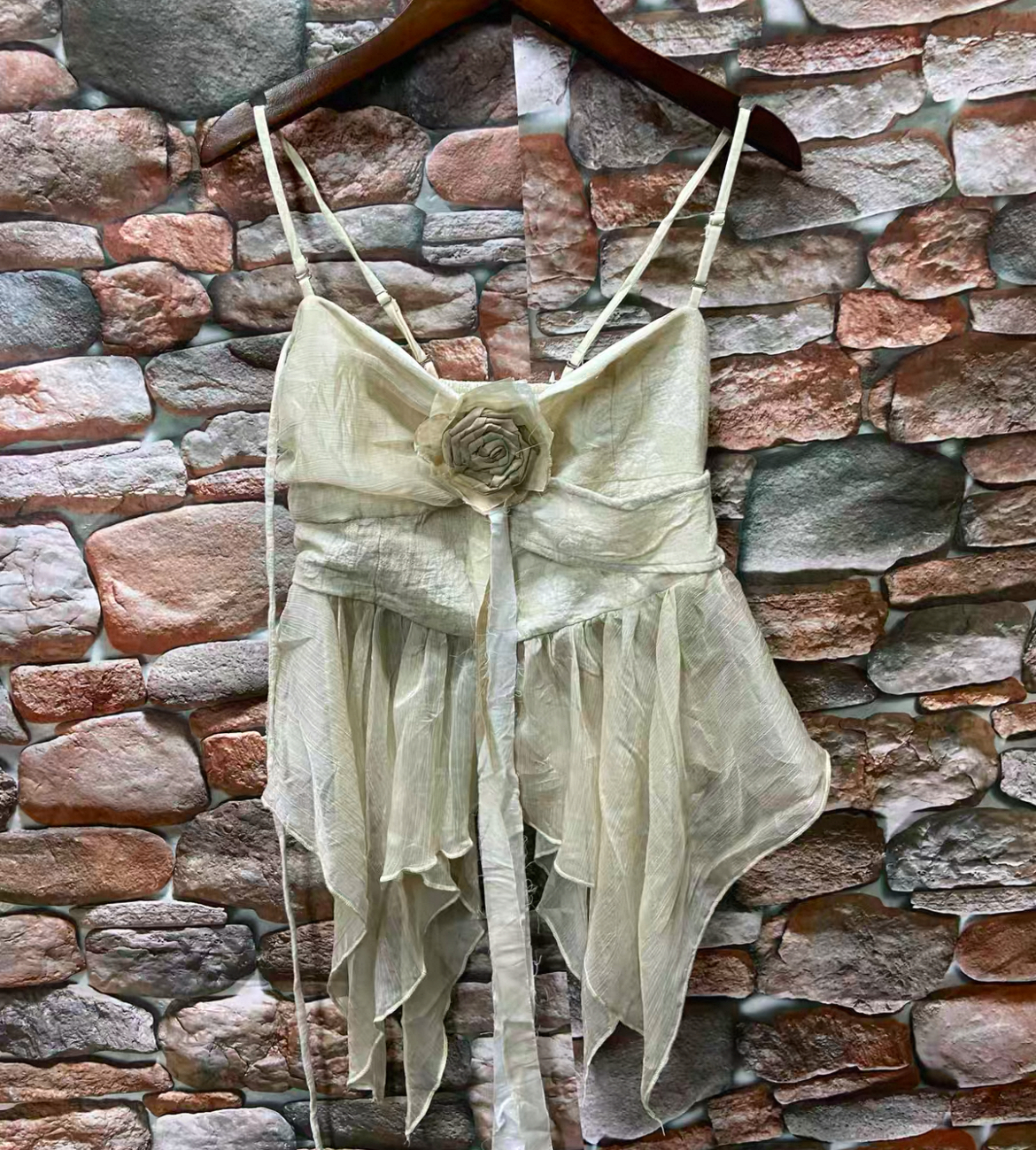 Fairycore Beige Layered Top with Flower Detail