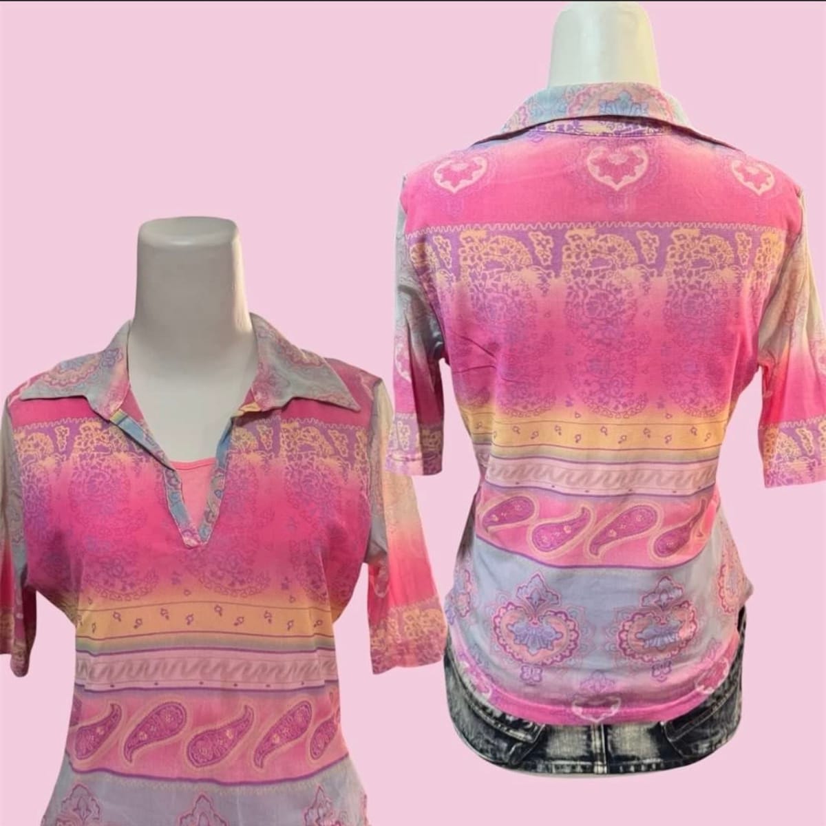 Y2K Pastel Pink Paisley Collar Top 🌈 - Photo 2