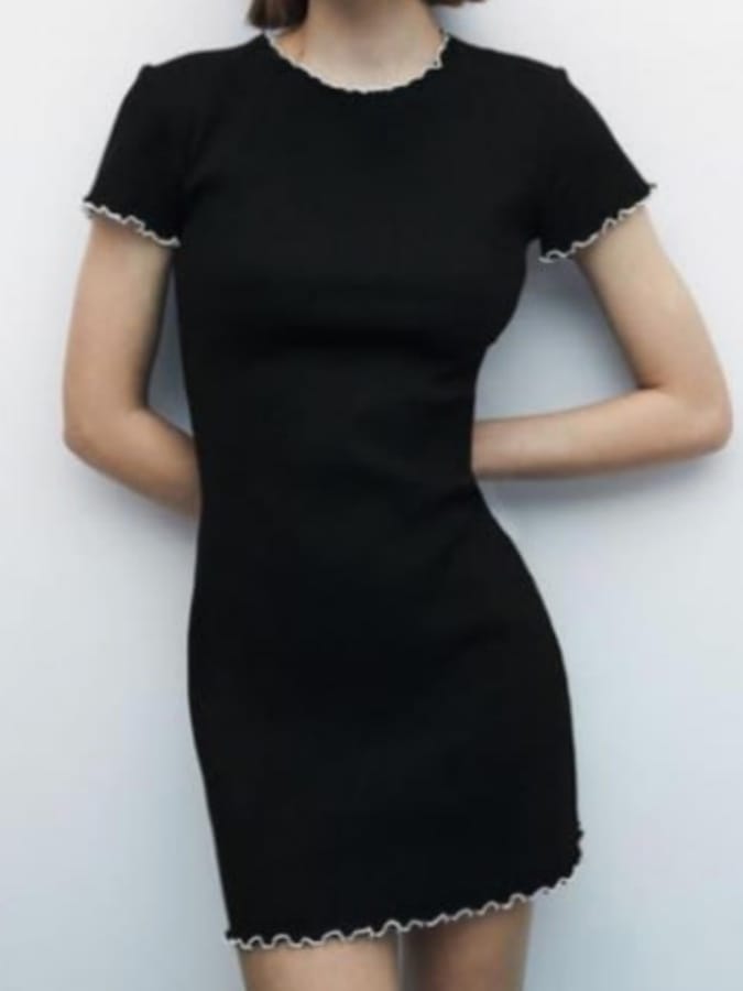 ZARA Black Fitted Dress With White Contrast Trims (M)