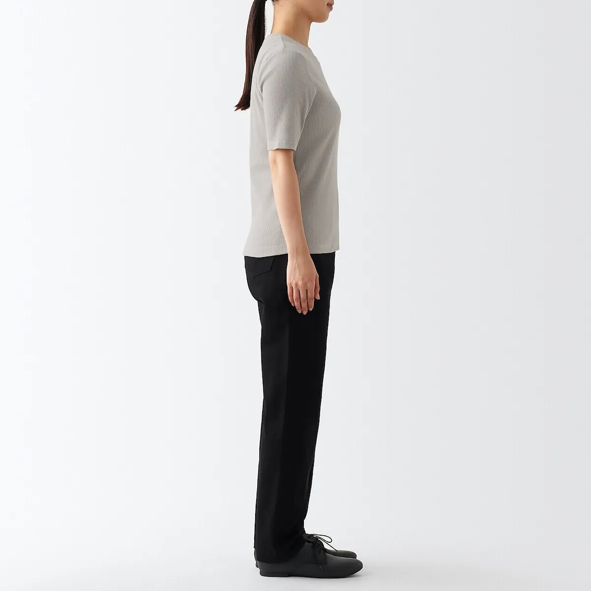 Muji Muji Female Grey Stretch Ribbed Half Sleeve Round Crew Neck Cotton T-shirt Shirt Top - Photo 3