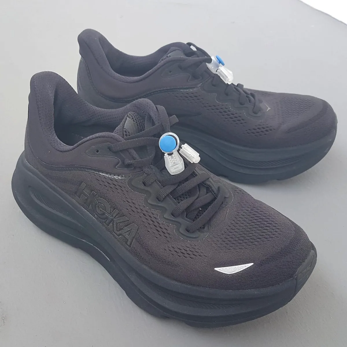 Original HOKA Running Shoes, BONDI 9 Wide Model, Cool Triple Black Colorway Sneakers, RETAIL $269, Cosmopolitan, HOKA ONE ONE from France, US 9.2E, UK 8.5, EUR 42 2/3, JP 27, Timeless Appeal, Urban Style, Sophistication, Streetwise, Everyday Shoes