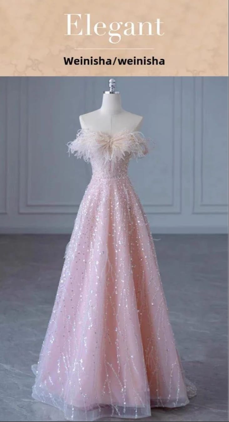 Ethereal Pink Off-Shoulder Feather Gown - Photo 2