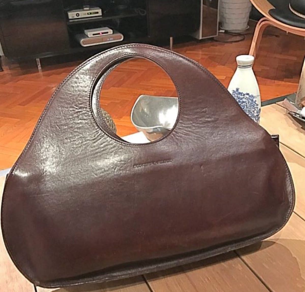 Chic Brown Leather Tote with Cutout Handle by Danish Designer