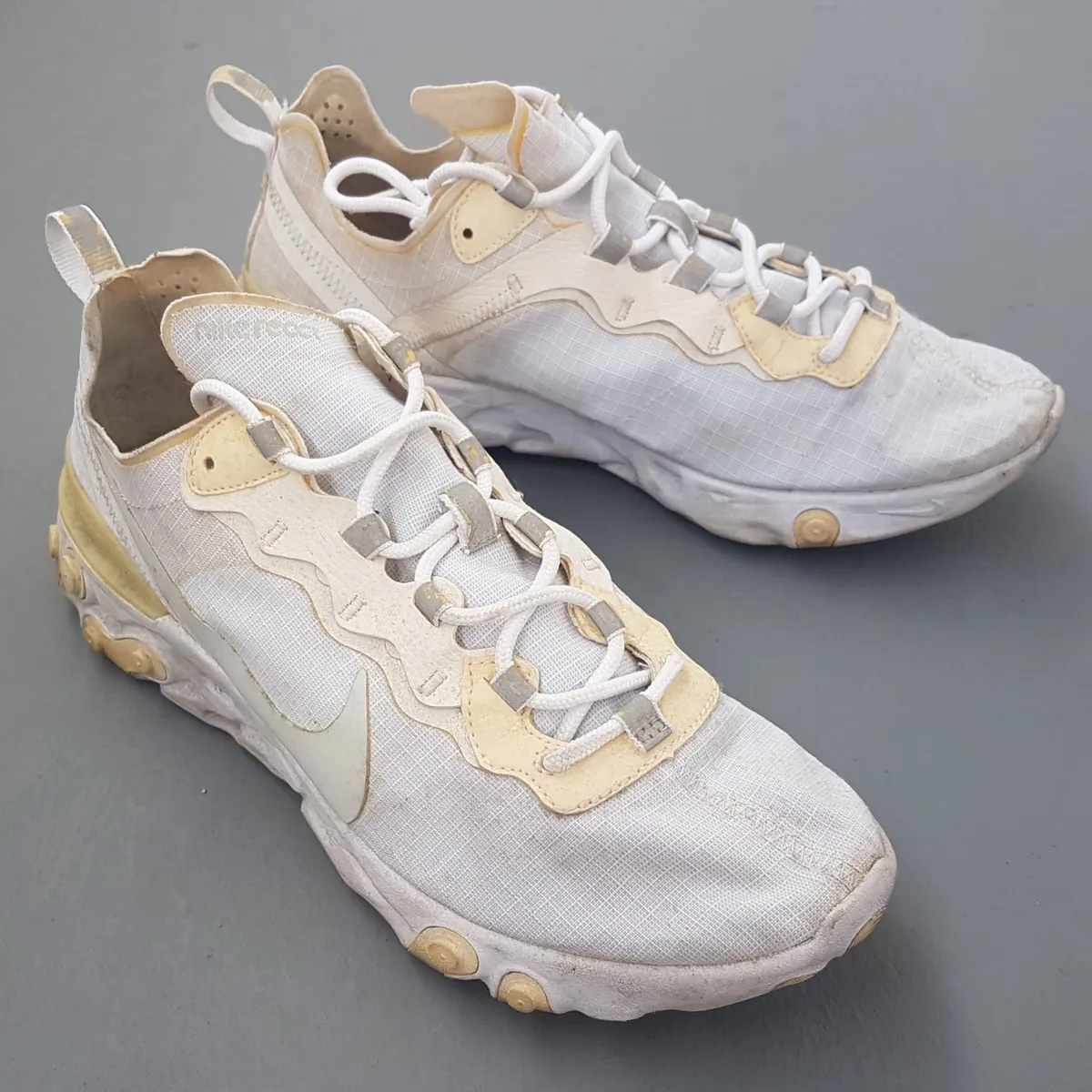 Original NIKE Running Shoes, Nike REACT Element 55 Sneakers, US 9, UK 8, EU 42.5, CM 27, Pale Ivory Colorway, Lightweight Translucent Textile, Foam Midsole, Cosmopolitan, Timeless Appeal, Urban Style, Pop Culture, Active Lifestyle, Cult Street Fashion