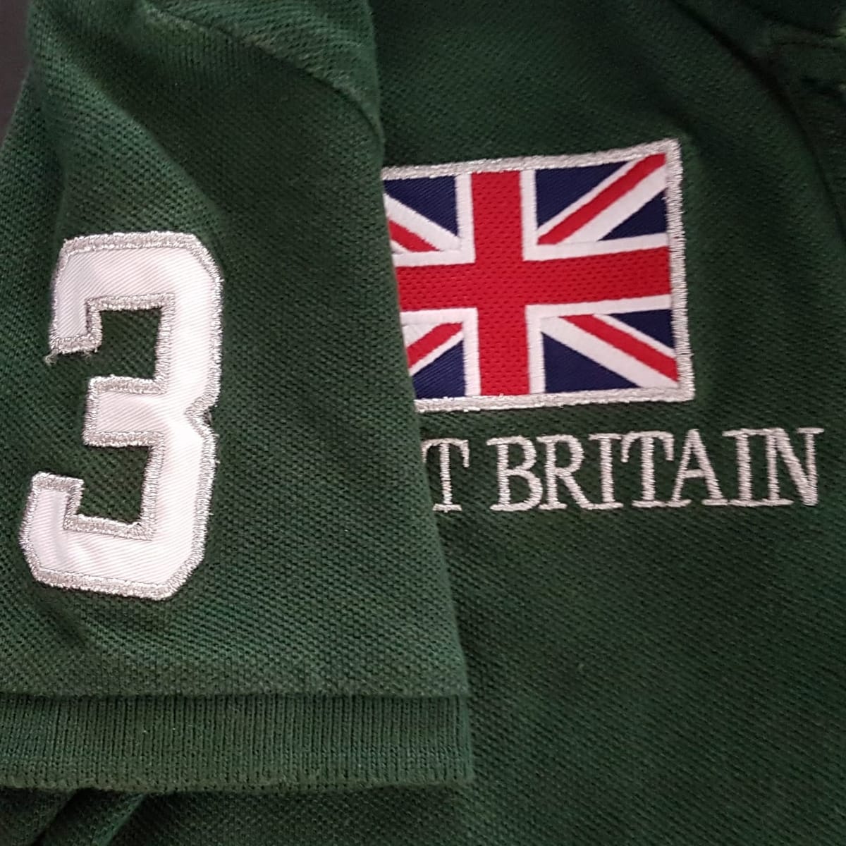 Vintage POLO by Ralph Lauren Designer Apparel, SMALL, Retro GREAT BRITAIN Flag, Green Top, Number 3, Cosmopolitan, Sleek 2 Buttons Polo Shirt, Number 3 on Shoulder Sleeve, Great Britain Flag on Back, Luxury Lifestyle, Timeless Classic - Photo 6