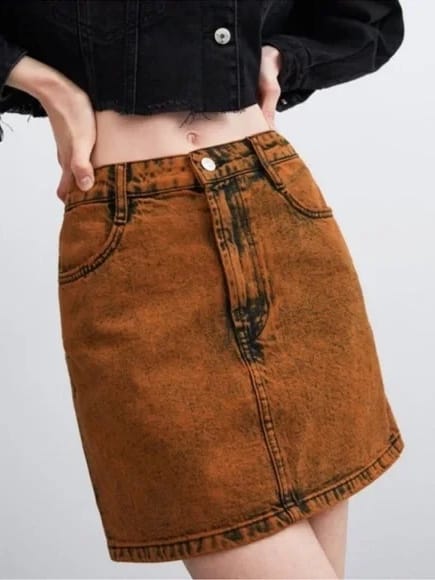 ZARA Orange/Black Faded Acid Wash Denim Skirt (M) - Photo 2