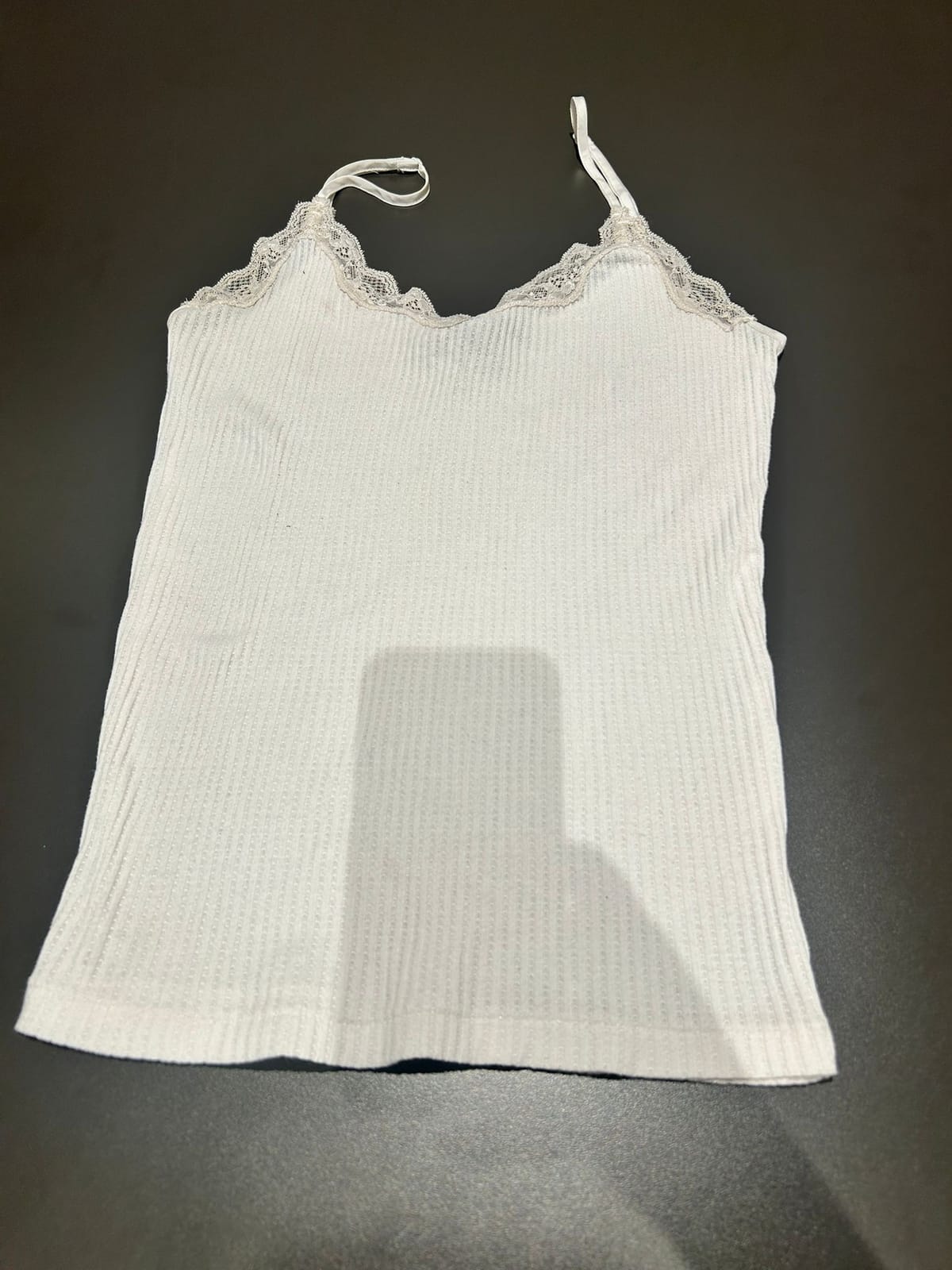 White Ribbed Lace Trim Spaghetti Tank Top