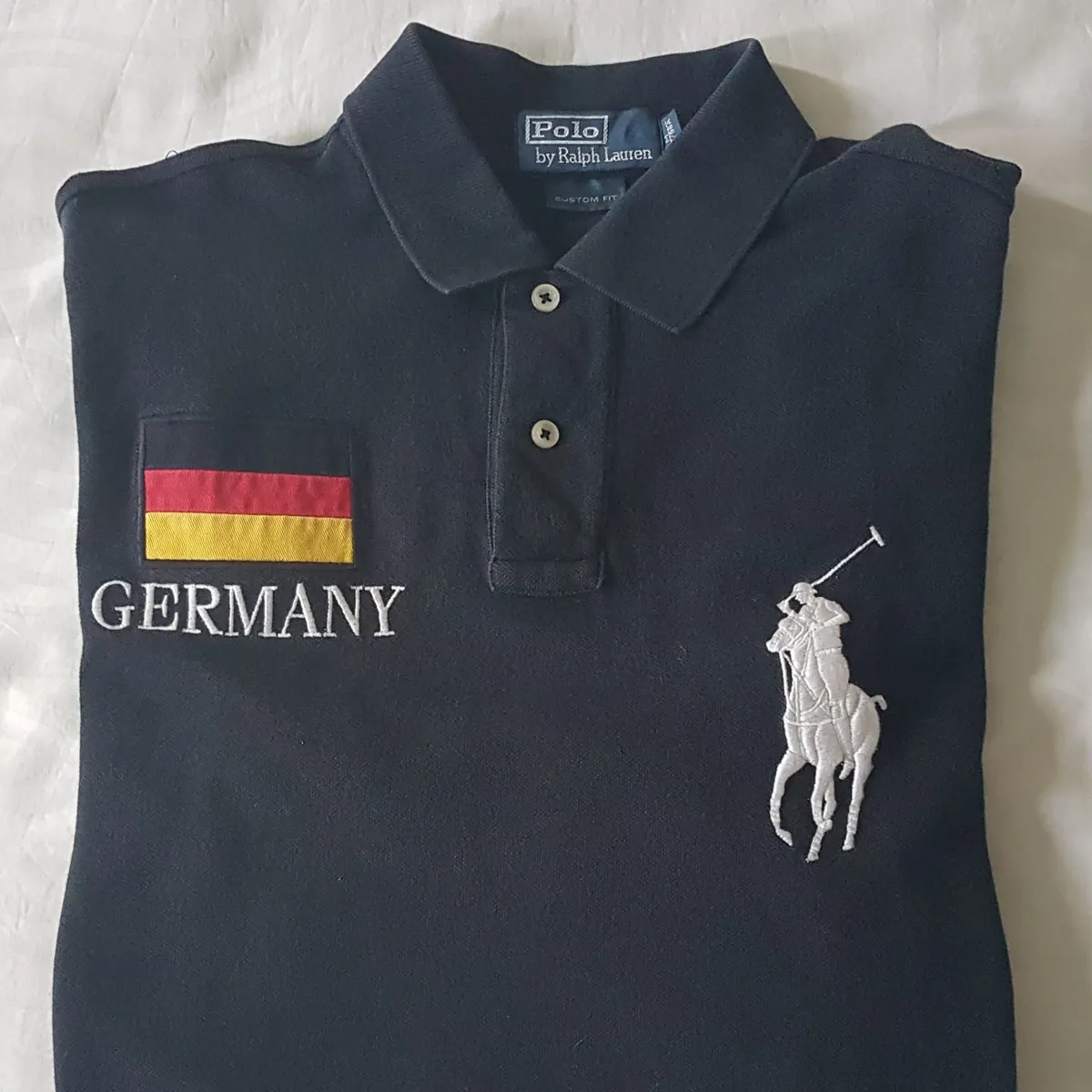 Ralph Lauren Luxury Polo Shirt by Ralph Lauren, Retro GERMANY Flag Number 3 Model, MEDIUM 2 Buttons Top, Black Shirt, Big White RL Polo Logo, Custom Fit, All American, Summer Holidays, Urban Style, Sophistication, Pop Culture, Rock Star, Everyday Fashion - Photo 7