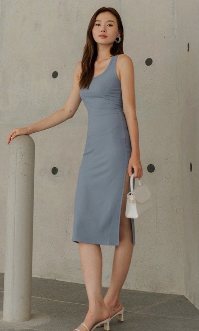 Lovet Oriana Toga Ribbed Dress (Stone Blue) IN Size XS
