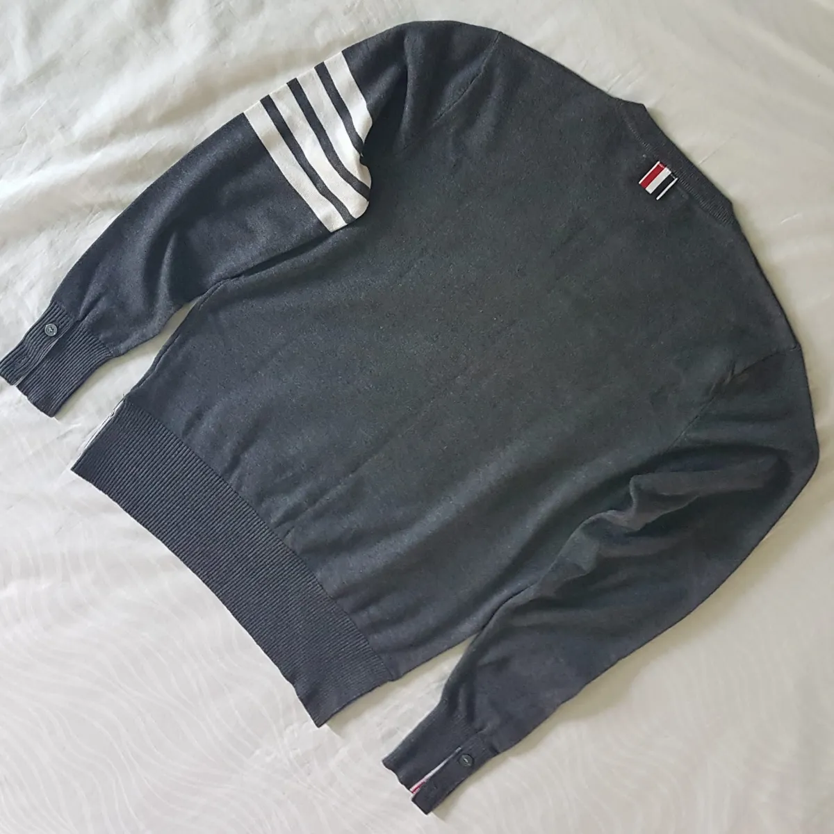 Thom Browne Thom Browne New York Cashmere Jumper, Dark Gray Sweater, Made in JAPAN, Signature 4-Bar White Stripes, Red, White & Red Loop Tab, Luxury Living, Cosmopolitan, Cool Pullover, Timeless Appeal, Urban Style, Sophistication, Travel Essentials, Pop Culture - Photo 4