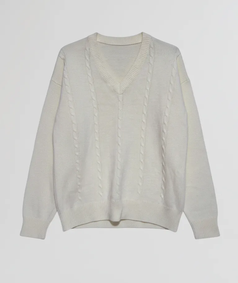 Cream Cable Knit V-Neck Long Sleeves Sweater Outerwear