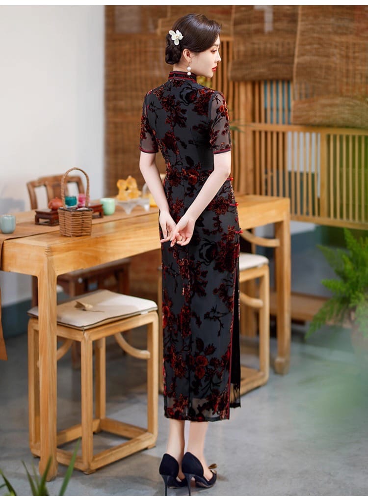 Elegant Black Red Retro Floral Cheongsam Dress - Photo 5