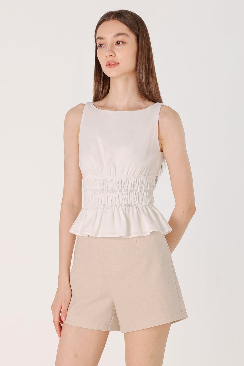 Lovet Aster Linen Elastic Ruched  Waist Top